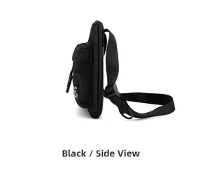 Side view of black crossbody chest bag featuring adjustable strap and durable fabric