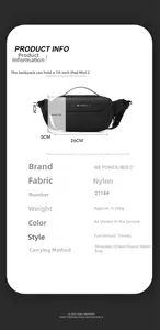 Detailed size guide for black nylon sling bag showing dimensions and iPad mini compatibility