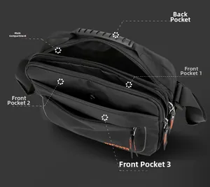 Detailed top view of a nylon crossbody bag showing multiple organized zipper compartments