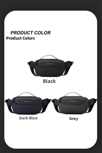 Three multi-functional chest bags in black, navy blue, and grey with adjustable straps
