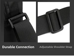 Macro detail of the durable nylon shoulder strap and adjustable plastic buckle
