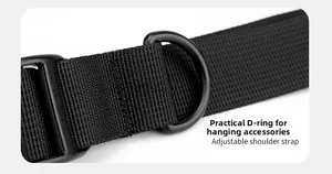 Detail of adjustable woven shoulder strap with black D-ring buckle for accessories