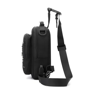 Men's black nylon chest bag with USB charging port shown from a functional side view