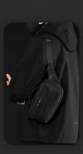 Detail view of the durable black tactical chest bag with We Power printed logo