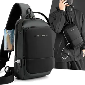 Sac de Poitrine Homme Mode Tissu Oxford Imperméable Port de Charge USB Sac Bandoulière Sports de Plein Air Voyage Tactique