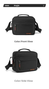 Front and side views of a large black waterproof crossbody bag with adjustable strap