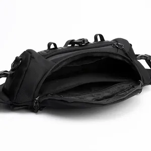 Tactical ballistic nylon crossbody chest bag with multiple zip compartments in black