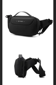 Detail of waterproof nylon chest bag featuring adjustable straps and top handle