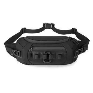 Tactical black ballistic nylon crossbody chest bag with MOLLE system and D-ring hook
