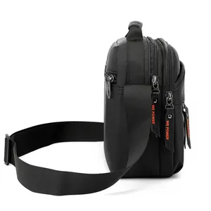 Large capacity black nylon crossbody shoulder bag with multi-layer zipper compartments