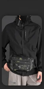Detail of a camouflage nylon chest bag showing zipper and water-resistant fabric texture