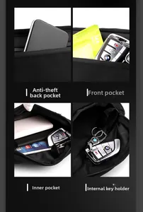 Detail view of anti-theft back pocket and interior key hook of a nylon crossbody bag