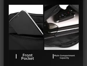 Detail view of nylon crossbody bag showing the front pocket and large main compartment