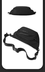 Detail of durable black nylon waist bag with adjustable strap and sturdy plastic buckle