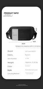 Detailed size chart for black nylon multi-purpose crossbody bag measuring 35x20x8cm