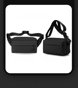 Detailed view of black nylon crossbody bag showing adjustable straps and various carrying styles