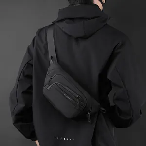 Minimalist black waterproof nylon waist bag for men with WE POWER logo and zippers
