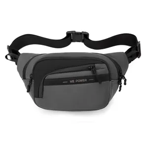 Minimalist grey chest bag for men featuring adjustable buckle strap and multi-zipper layers