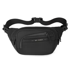 Black minimalist sports waist bag with WE POWER logo and durable nylon texture