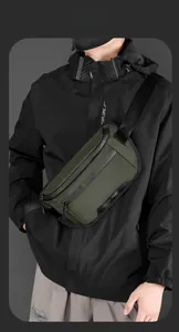 Outdoor olive green nylon crossbody chest bag featuring waterproof zippers and brand tag