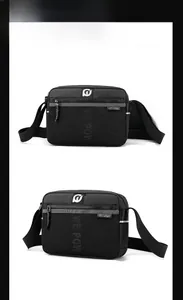 Vues multiples d'un sac bandoulière noir en nylon avec poche filet et zips argentés