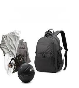 Detail view of large capacity black nylon backpack with breathable mesh side pockets