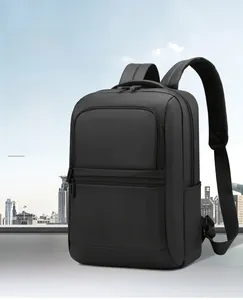 Close-up of black waterproof business backpack with multiple functional compartments