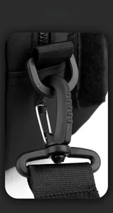 Detail of durable D-ring and swivel hook connector on nylon crossbody bag side