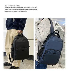 Waterproof nylon backpack in black and navy showing side bottle pockets and sleek urban design