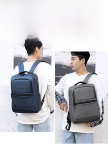 Dual view of navy blue and charcoal grey water-resistant business backpacks for men