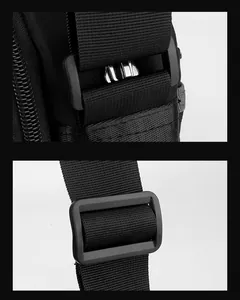 Vue détaillée de la bandoulière en nylon noir avec boucle réglable mate et tissage précis