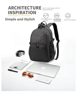 Detail of multi-functional black laptop backpack with mesh pockets for 15.6 inch devices
