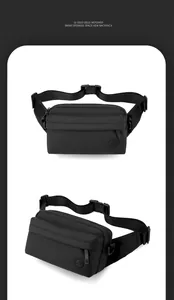 Detail view of water-resistant black nylon crossbody bag with WEPOWER logo and zippers