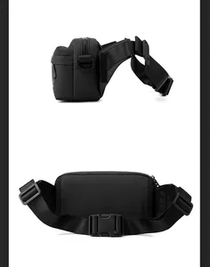 Detail view of durable black nylon messenger bag side badge and adjustable buckle strap