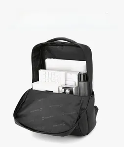 Detail view of large capacity business laptop backpack with multiple storage compartments