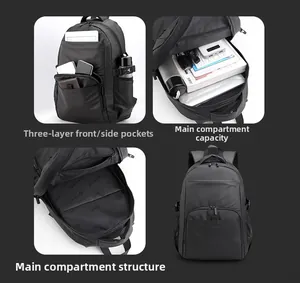 Detail view of nylon business backpack showing three front zipper pockets and side mesh pockets