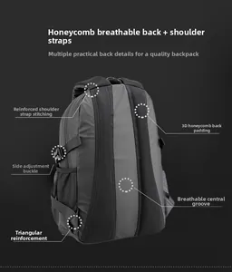 Detail of ergonomic honeycomb breathable back panel and padded straps on nylon backpack