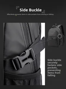 Close-up of the durable side buckle and mesh pocket on this black nylon backpack
