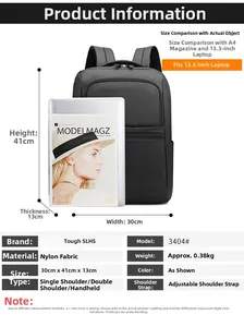 Detailed comparison showing size of black business backpack next to a laptop and magazine