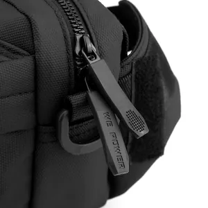 Close-up of black nylon shoulder bag with WEPOWER embossed dual zippers and D-ring detail