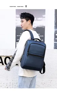 Close-up of Navy Blue Business Backpack with Waterproof Coating and Multi-layer Zippered Pockets