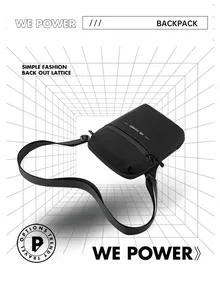 Vista macro de bolso bandolera negro minimalista con logotipo y correa ajustable