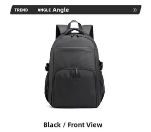 Front view of black nylon business backpack with matte fabric and mesh side pockets