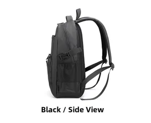 Side view of black nylon backpack featuring breathable mesh side pocket and adjustable buckle