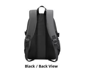 Detailed back view of black nylon backpack featuring breathable mesh padding and straps