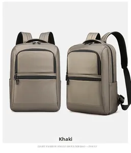 Detail view of khaki waterproof business backpack with high-density nylon texture