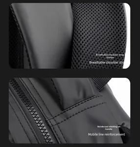 Detail of breathable mesh shoulder straps and reinforced stitching on a black nylon backpack