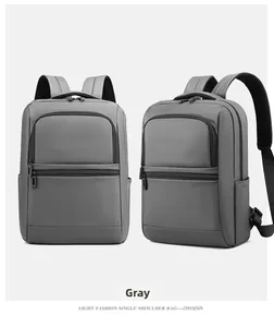 Front and side view of water-resistant gray business backpack with multi-pocket design