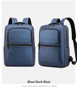 Macro detail of dark blue waterproof nylon business backpack with multiple zipper pockets