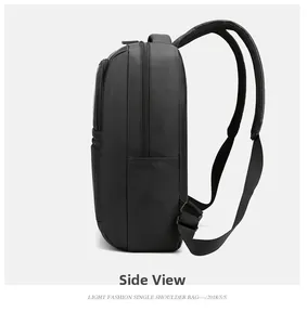 Side view of black waterproof business laptop backpack with smooth nylon texture